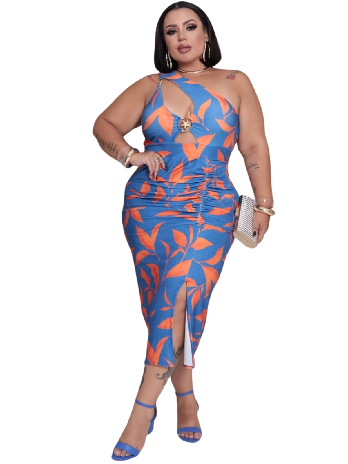 Vestido Summer Body Plus Midi Estampado Sexy Elegante e Argola Dourada Azul Escuro