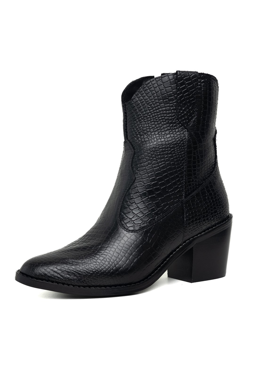 Bota Texana Western Bico Fino Cano Curto Country Couro Croco Preto Kuento Shoes