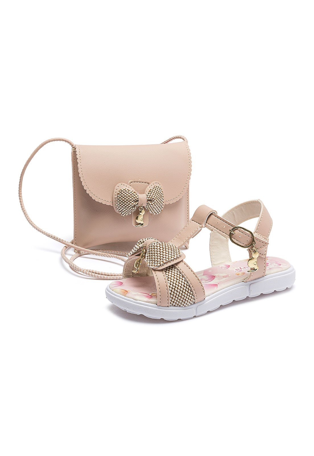 Infantil - Kit Sandália Rasteirinha Bolsa Menina Nude Laço Casual Festa Mzkid