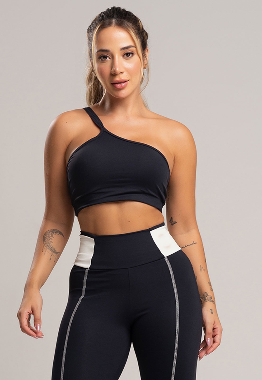 Top Fitness MVB Modas Cropped Duplo Alcinha Poliamida Preto