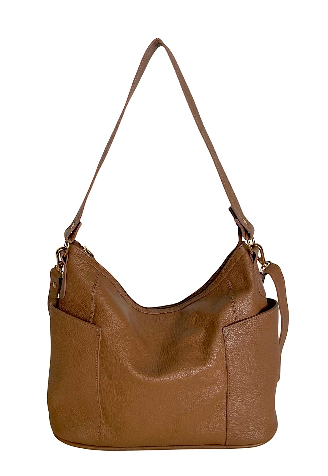 Bolsa Hobo em Couro Legítimo Floater Caramelo com Bolsos para Celular