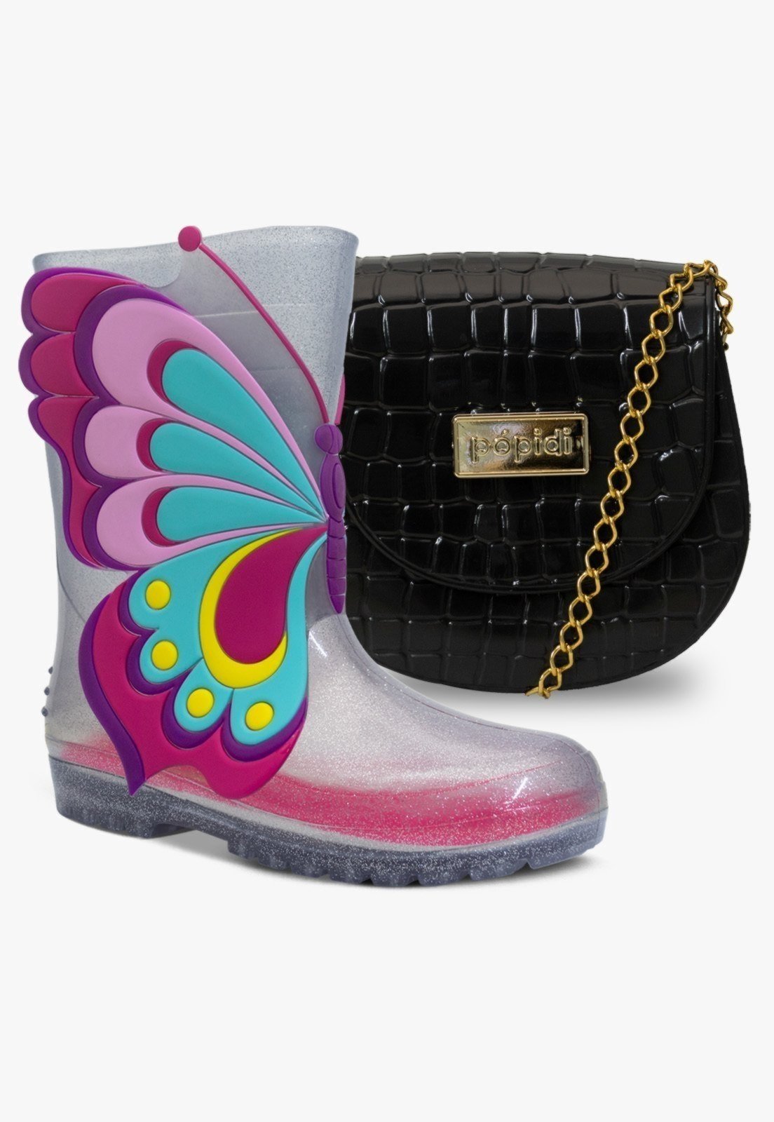 Infantil – Kit Bolsa e Bota Galocha Feminina Pópidi Menina Borboleta Glitter Prata e Preto