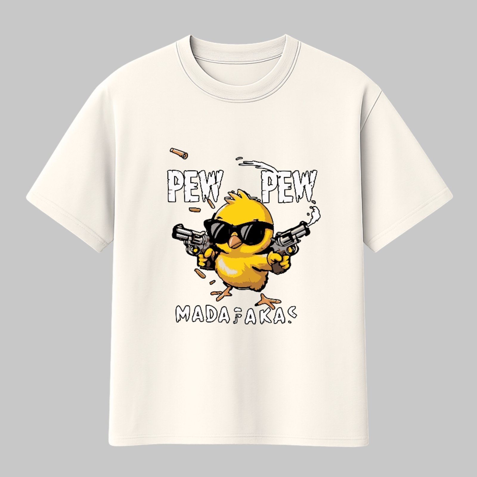 Camiseta Básica Pintinho Pew Pew Humor Madafaka Unissex Off White