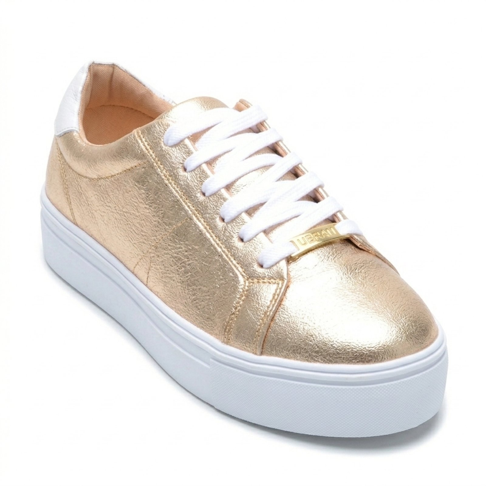 Tênis Feminino Casual Miuzzi Com Amarração Em Cadarço Couro Legítimo Dourado