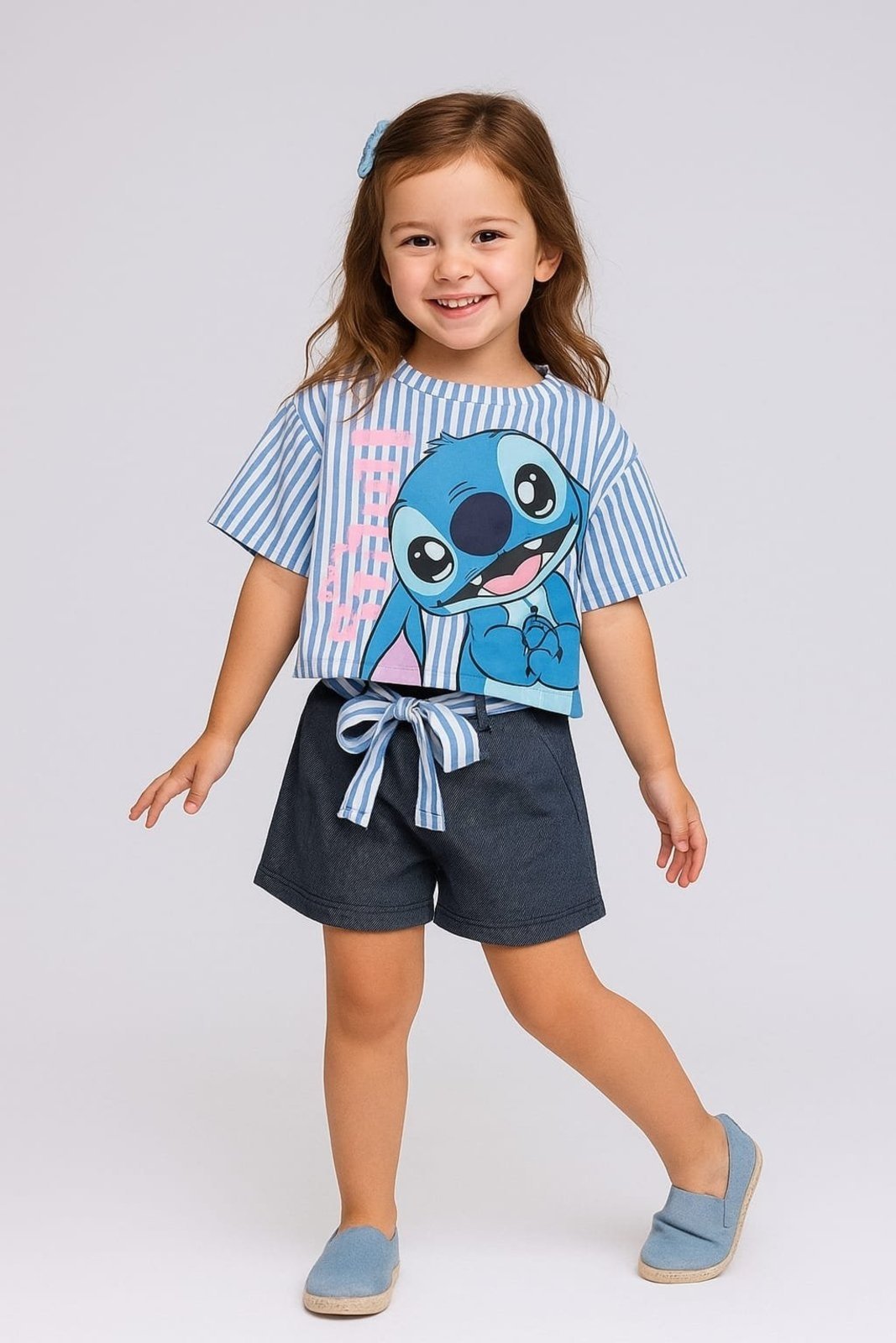 Infantil - Conjunto Disney Menina Blusa Box Stitch e Shorts Azul