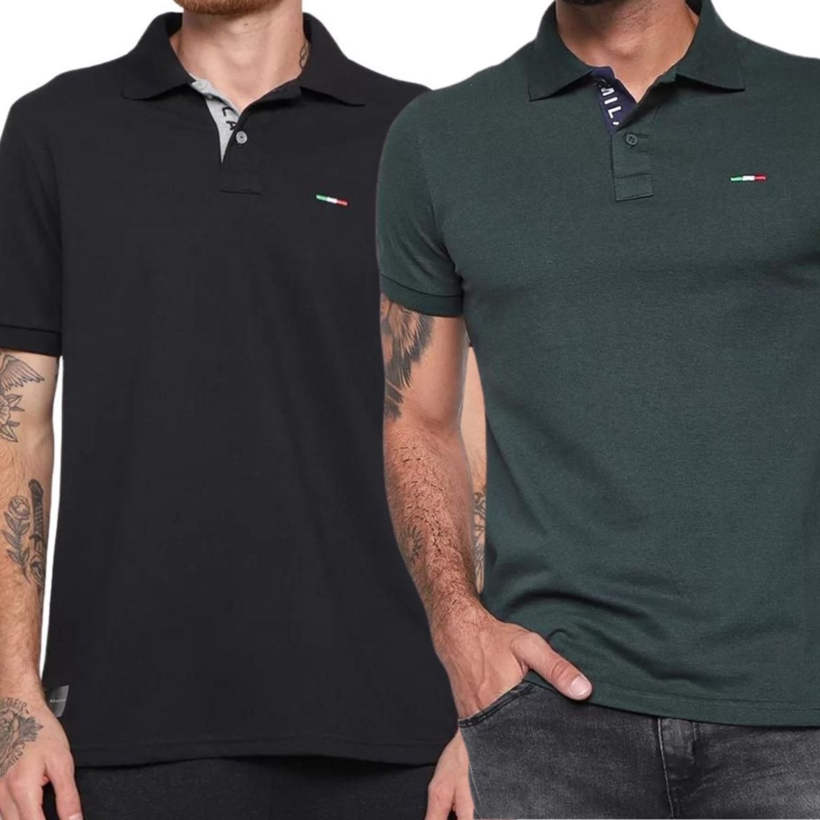 Vista 2 Kit 2 Polos Masculina Básicas Industrie Piquet no Estilo Tommy Bordado Itália Preto Militar multicolorido Industrie multicolorido
