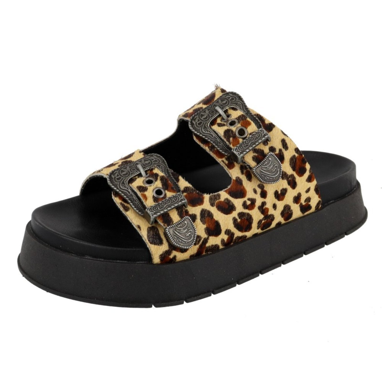 Sandália Flatform Papete Feminina Paula B Em Couro Animal Print Palmilha Confort Onça