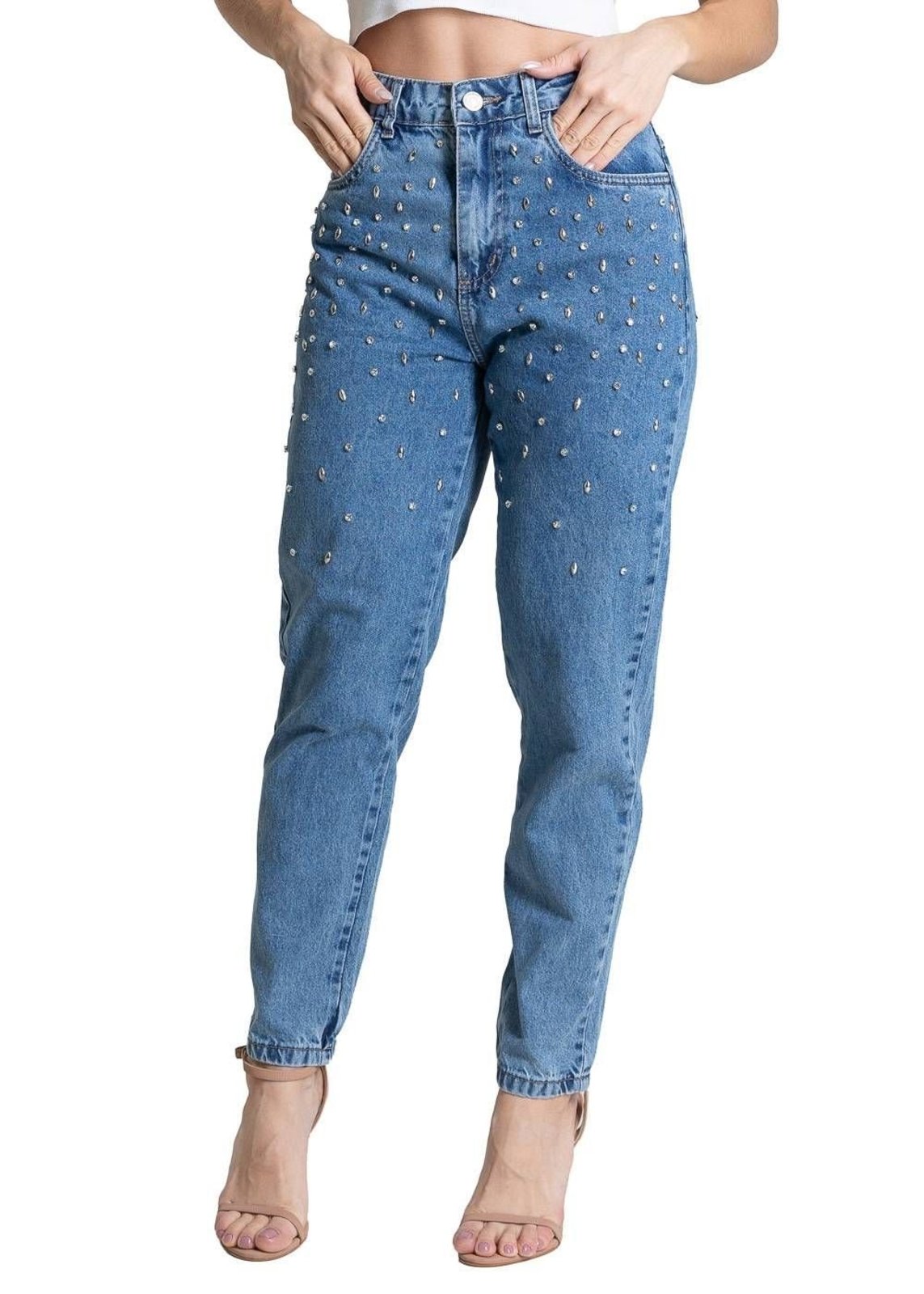 Calça Jeans Sawary Mom Brilho Bordado - 283584 AZUL - Azul - Sawary