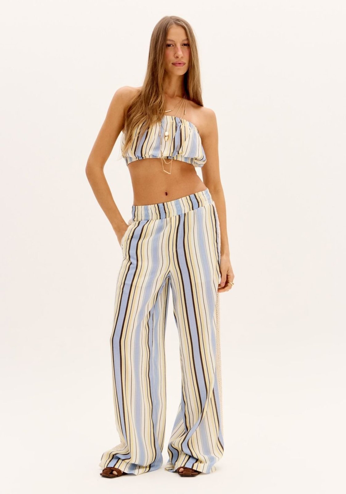 Calça Wide Leg Listrada Com Linho My Favorite Things