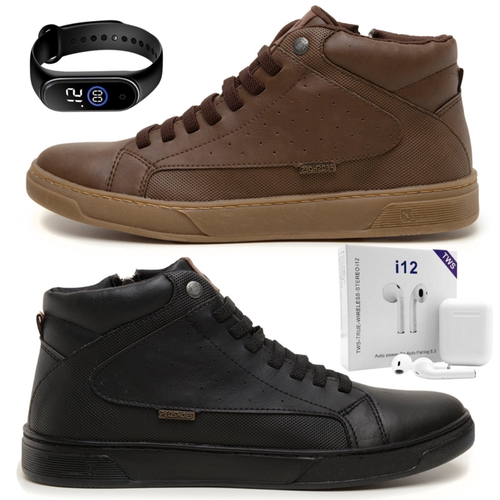 Combo 2 Pares Tenis Sapatenis Masculino Rovetto Casual Cano Alto Com Fone Sem Fio e Relógio Digital