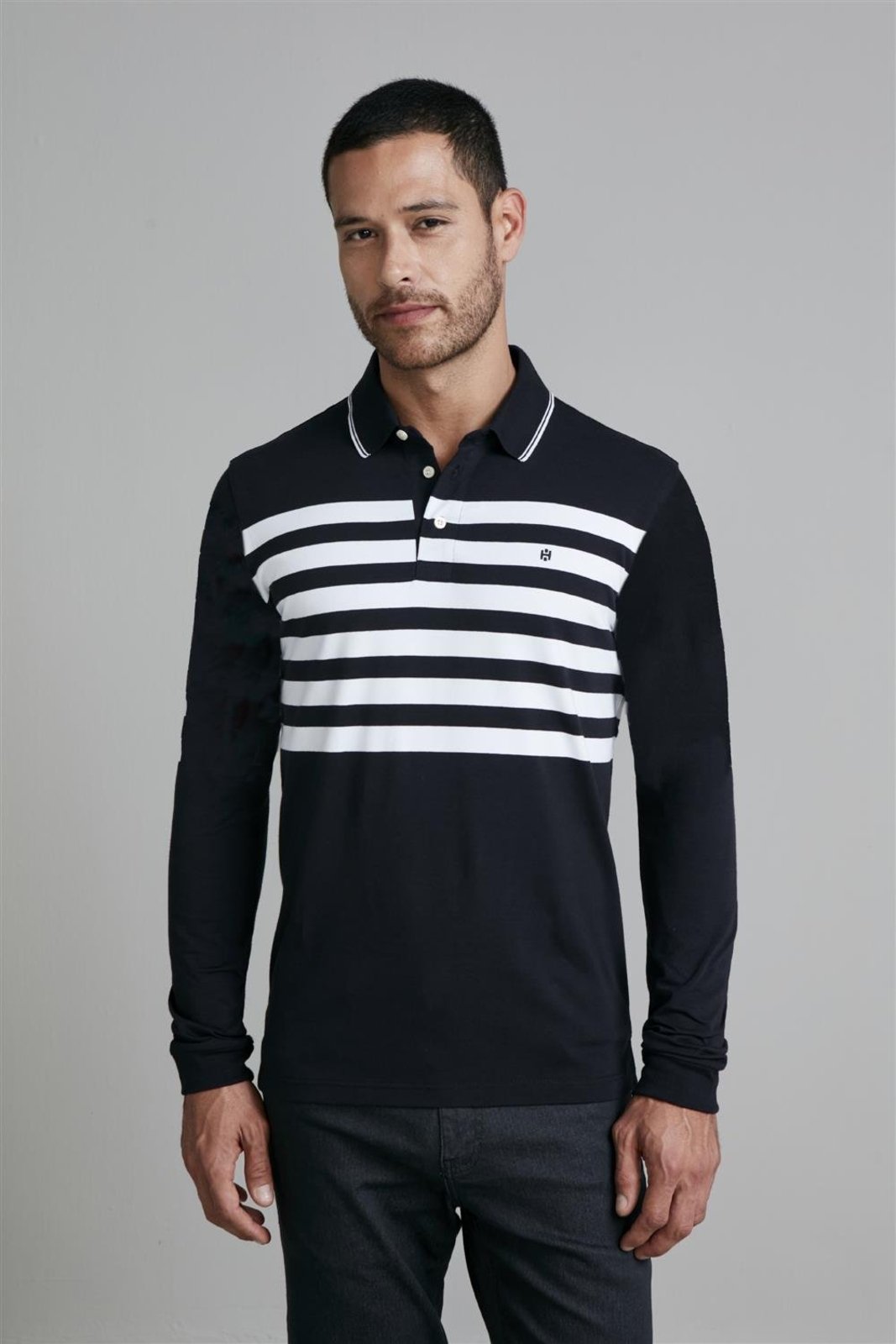 HIGHSTIL Camisa Polo Manga Longa Malha Slim Fit - Preto / Branco