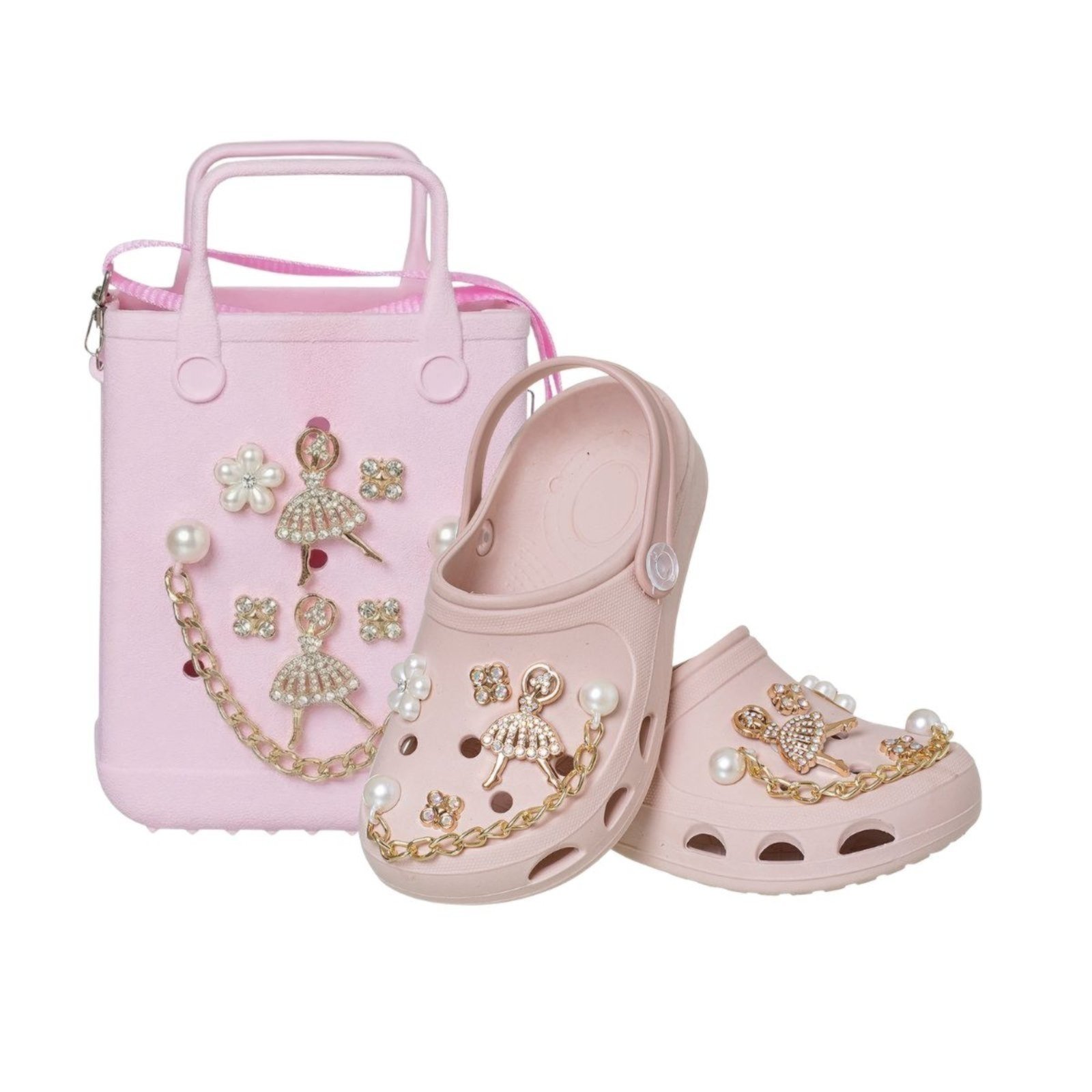 Vista 2 Infantil - Kit Sandália Babuche Com Pingentes + Bolsa transversal com boton para decorar cor Angipé rosa Angipé rosa