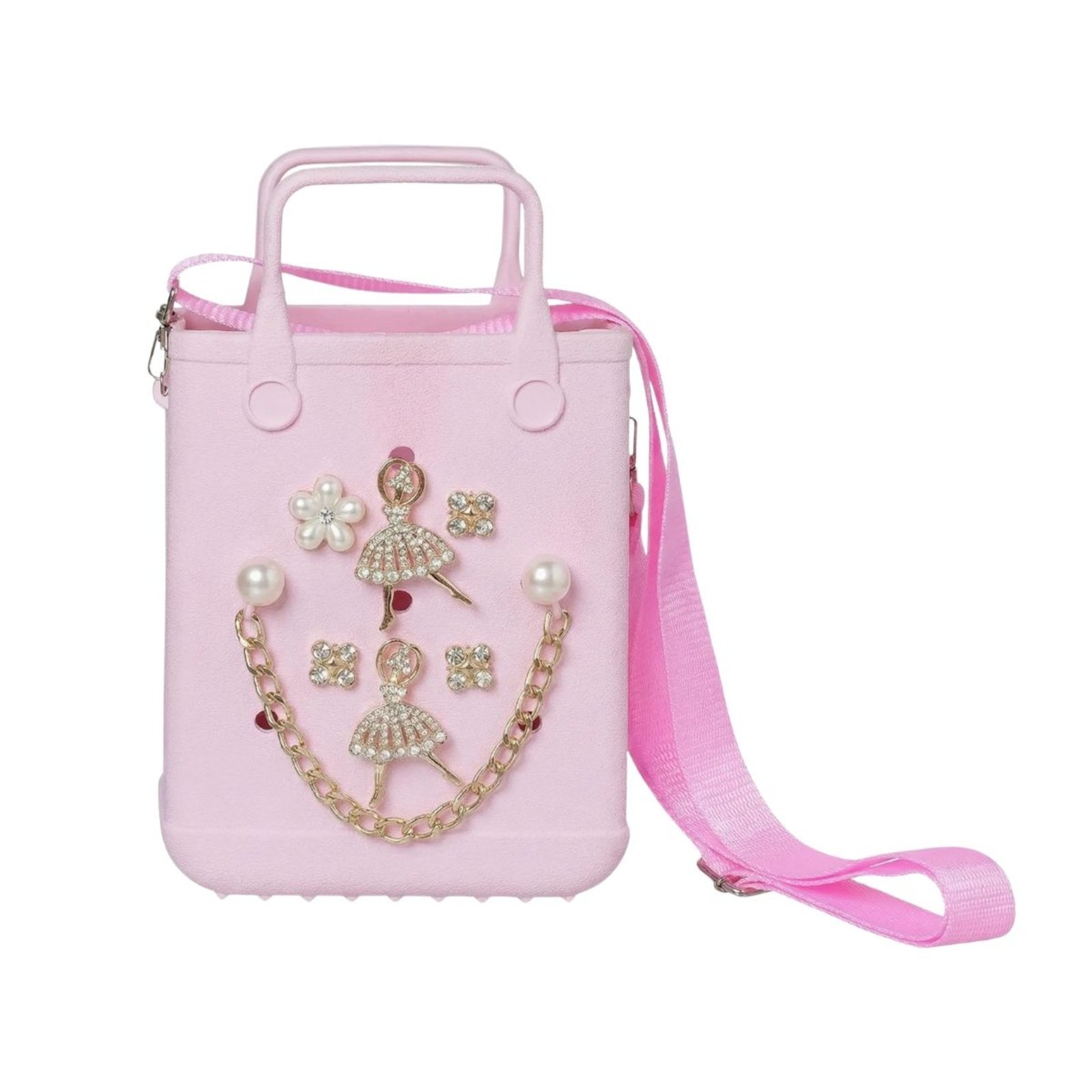 Vista 3 Infantil - Kit Sandália Babuche Com Pingentes + Bolsa transversal com boton para decorar cor Angipé rosa Angipé rosa