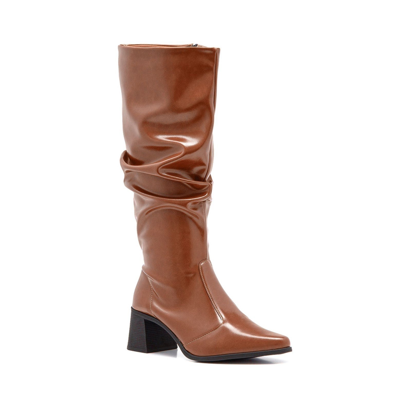 Bota Feminina Slouchy Stessy Cano Alto Confortável Bico Fino Enrugada Elegante Caramelo