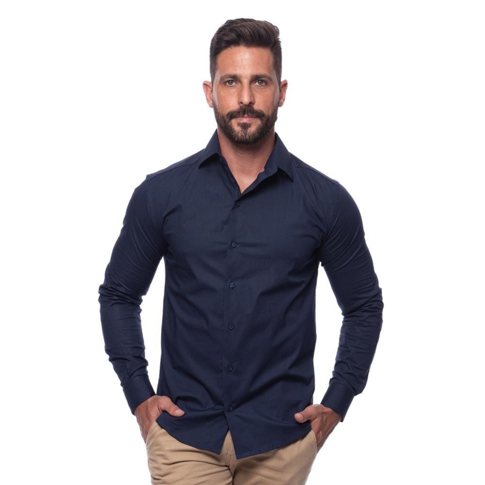 Camisa Masculina Slim Manga Longa Lisa Acetinada Social Azul Claro G Azul Marinho