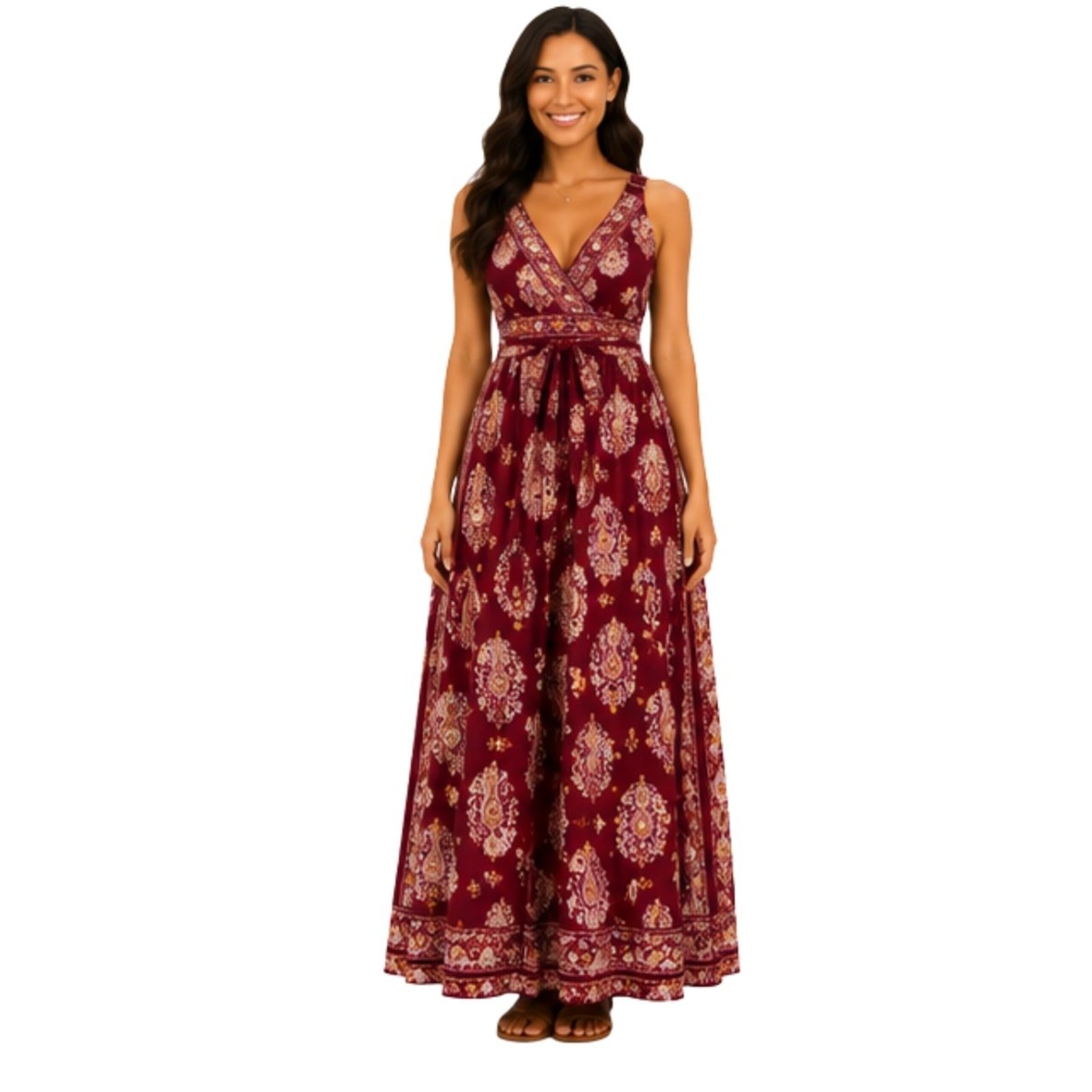 Vestido Longo Feminino Estampado Decote V Alças Reguláveis Verão Casual Vermelho