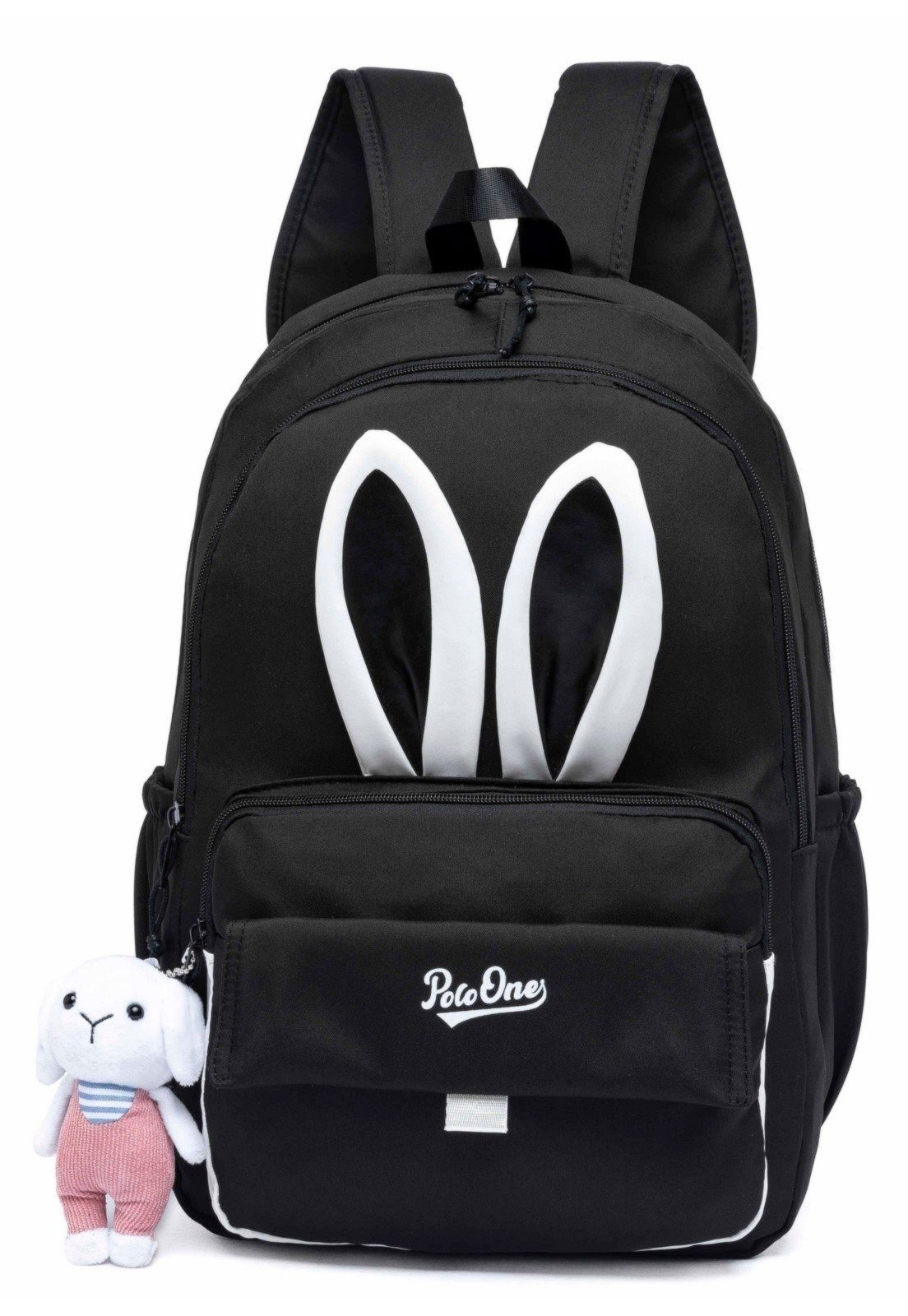 Vista 2 Mochila Polo One Juvenil Escolar Reforçada Chaveiro Coelhinho preto preto