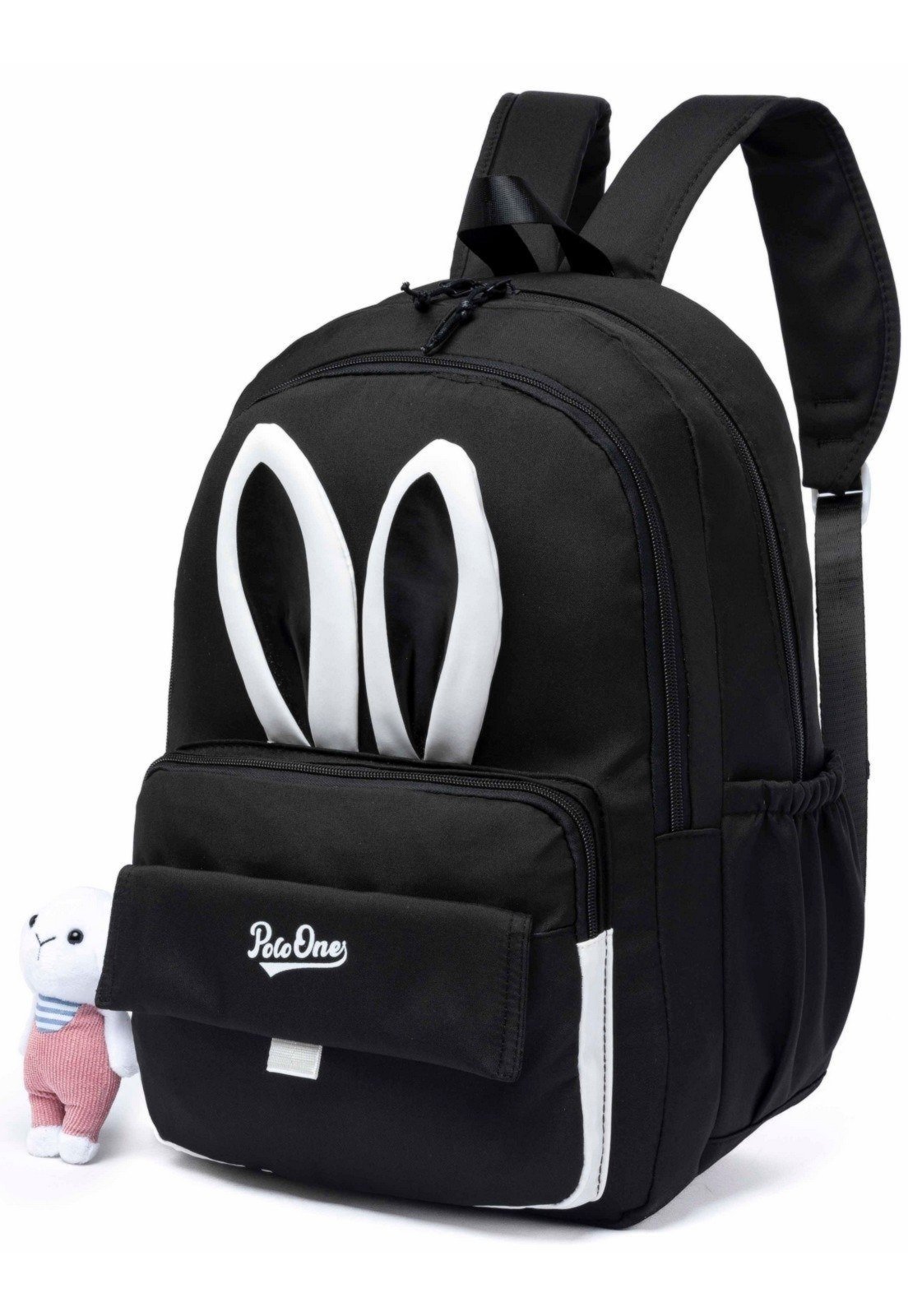 Vista 3 Mochila Polo One Juvenil Escolar Reforçada Chaveiro Coelhinho preto preto