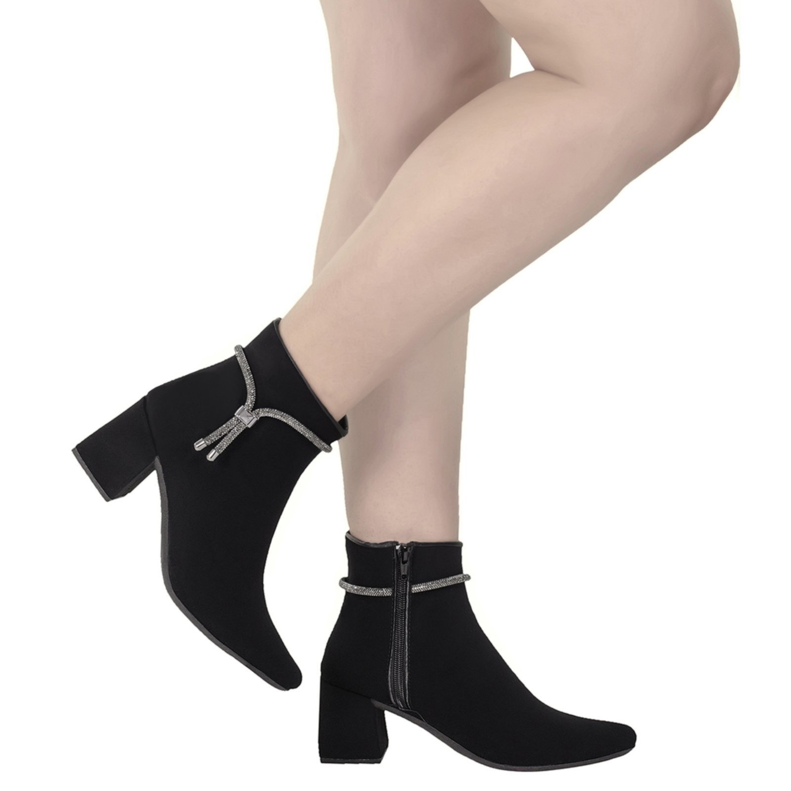 Bota Bico Fino Feminina Salto Cano Baixo Shekinah Detalhe Tira Strass Moda Preto
