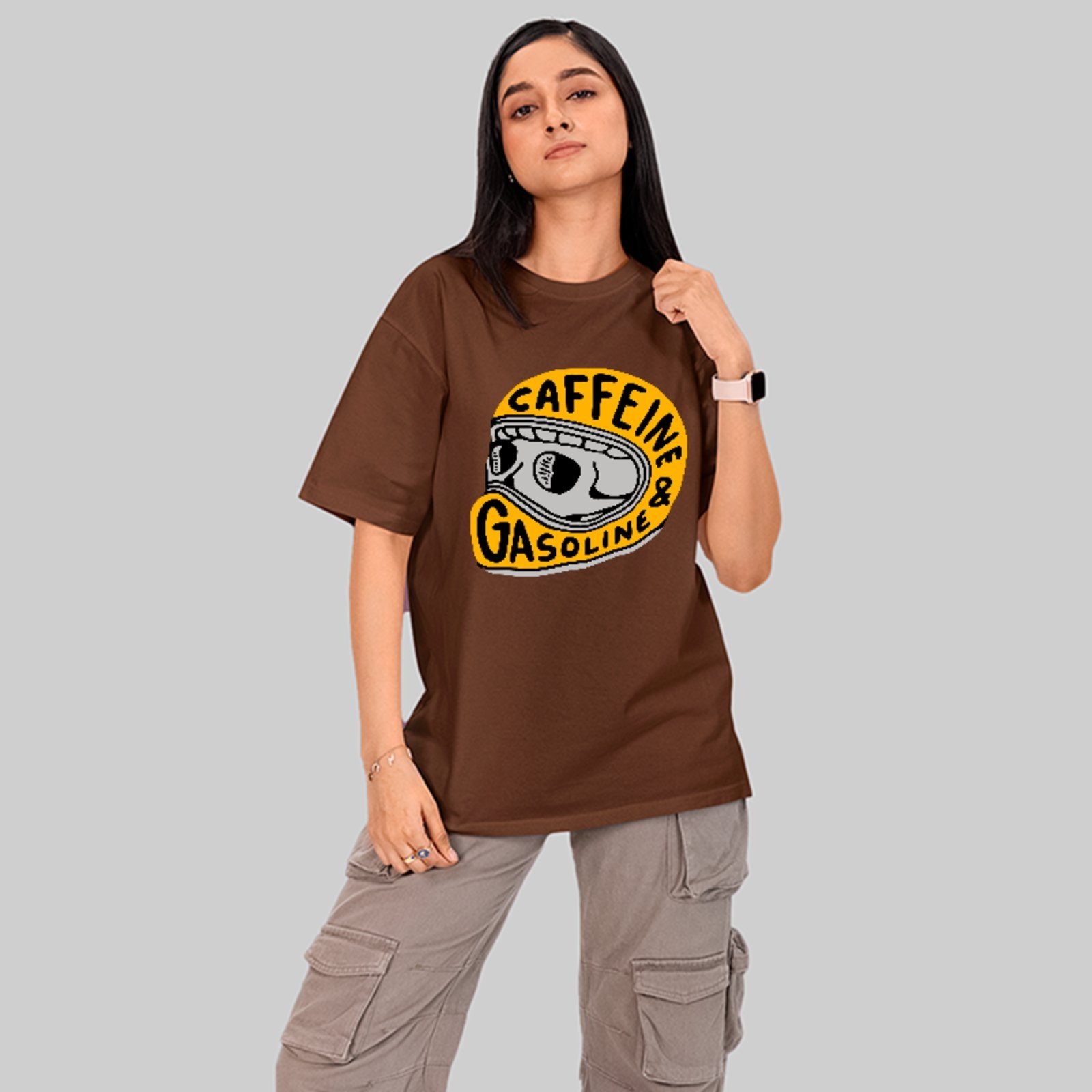 Camiseta Oversized Premium Caffeine And Gasoline Unissex Marrom