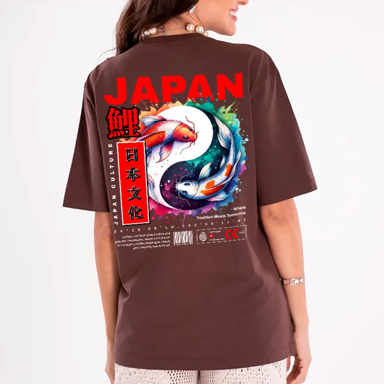 Camiseta Oversized Premium Japão Carpas Koi Arte Japonesa Unissex Marrom