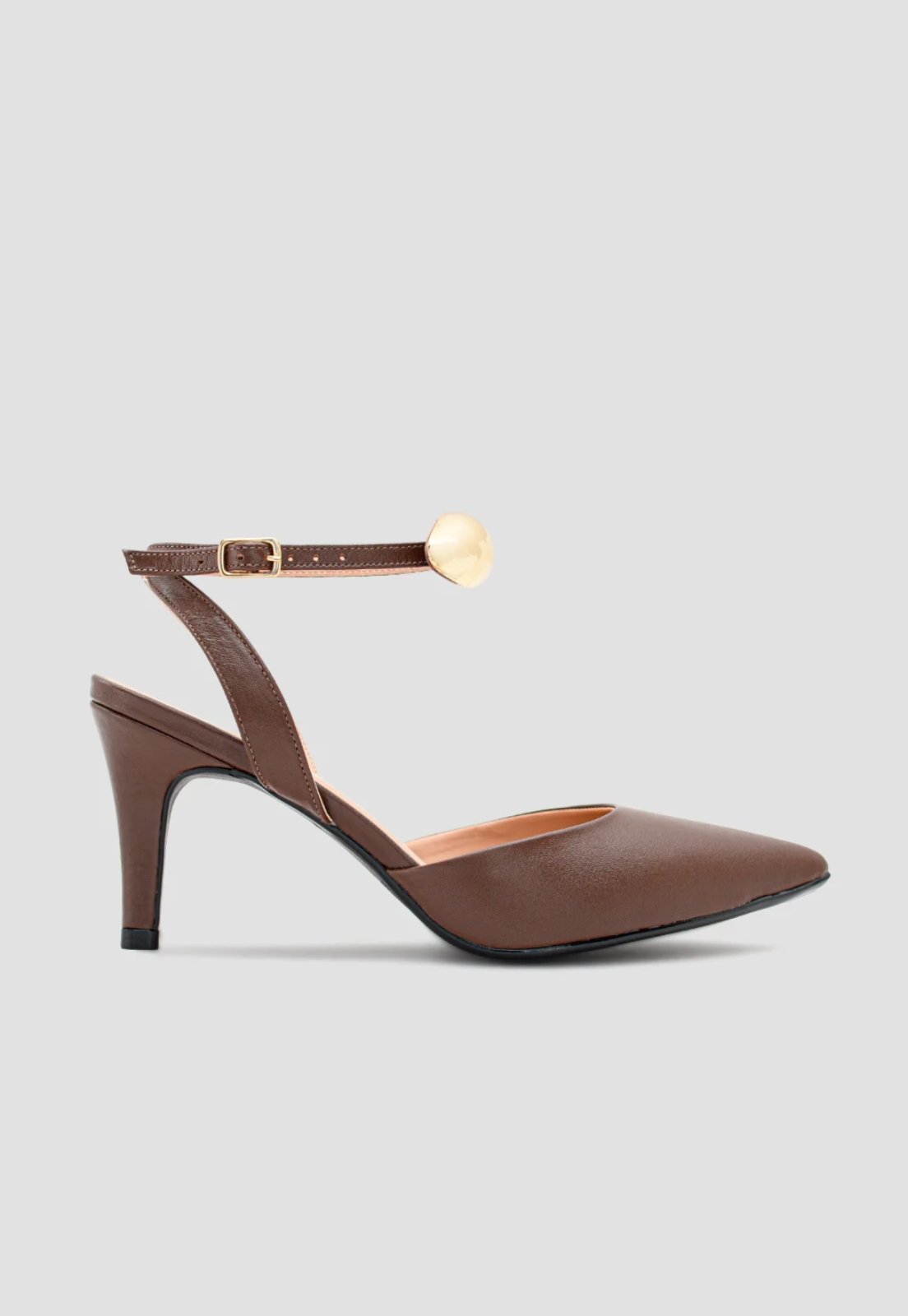 Scarpin Slingback Com Aplique Removível Dourado Couro Marrom CBK