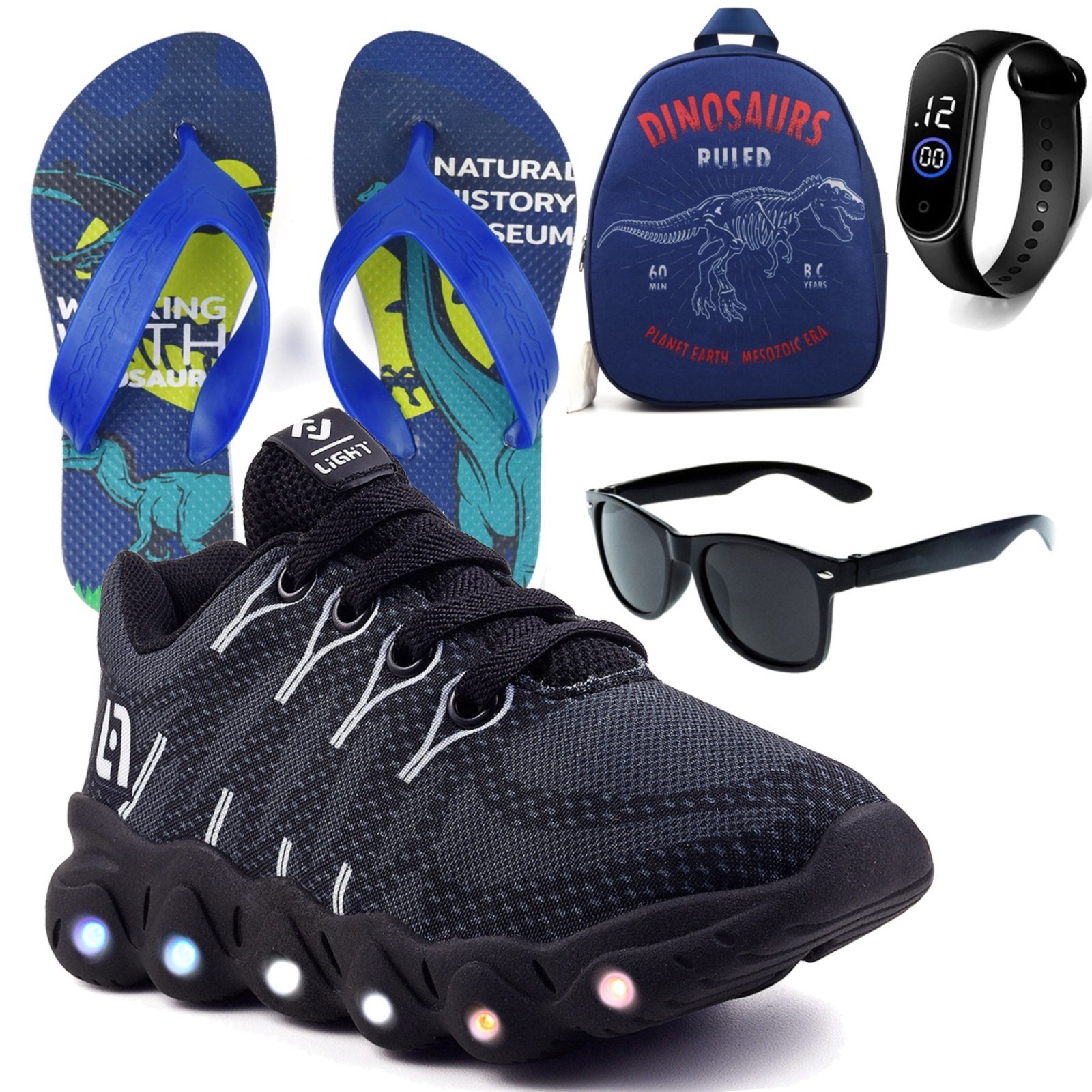 Infantil – Tenis De Led Meninos Casual Preto Preto Com Luzes + Mochila Chinelo Óculos e Relógio