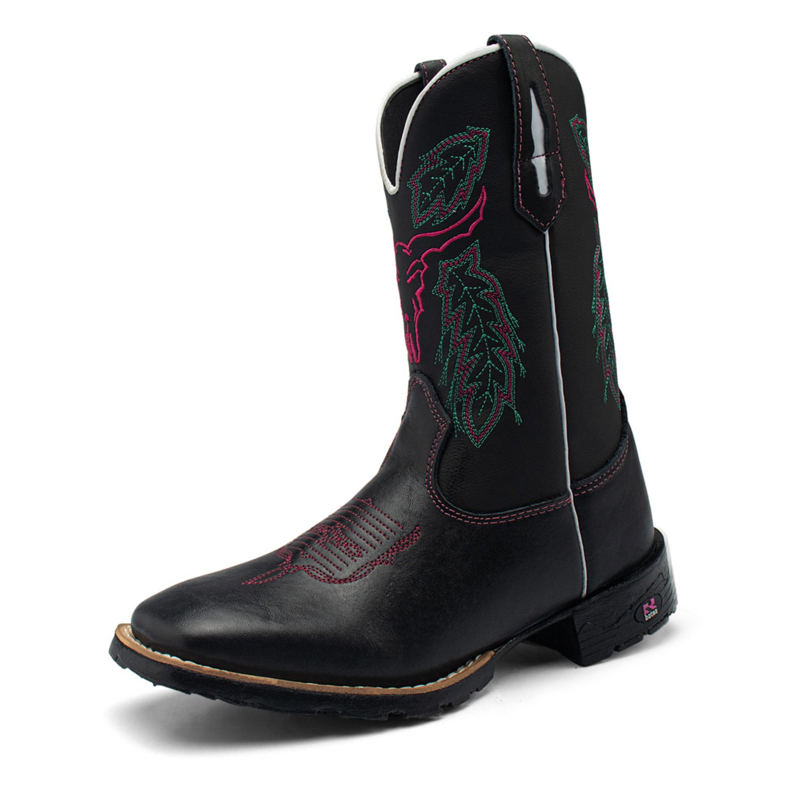 Bota Texana Feminina RR Botas Rodeio Couro Bordado Boi Cano Alto Bico Quadrado Preto Rosa