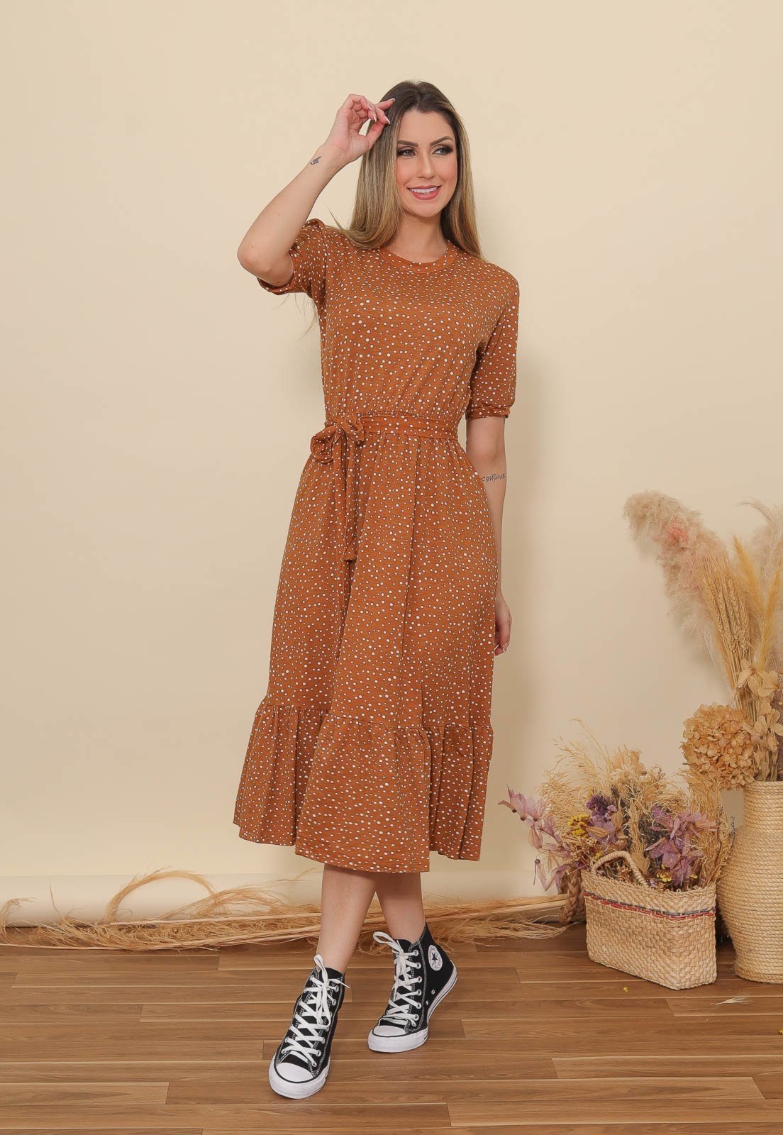 Vestido Aura Faixa Babado Marrom