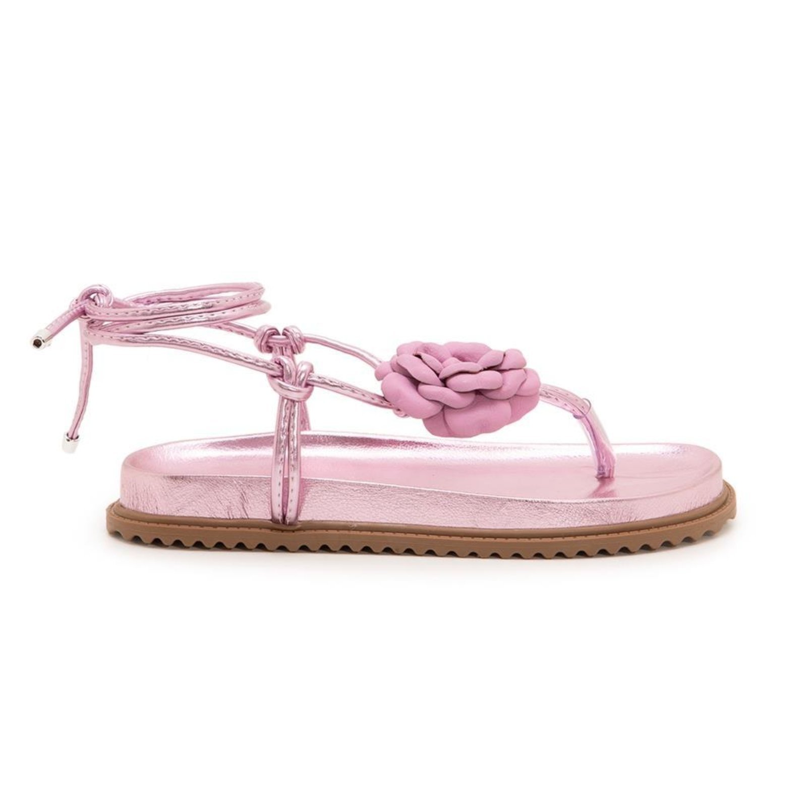Sandália Feminina Papete Amarração Flor Moderna Rosa