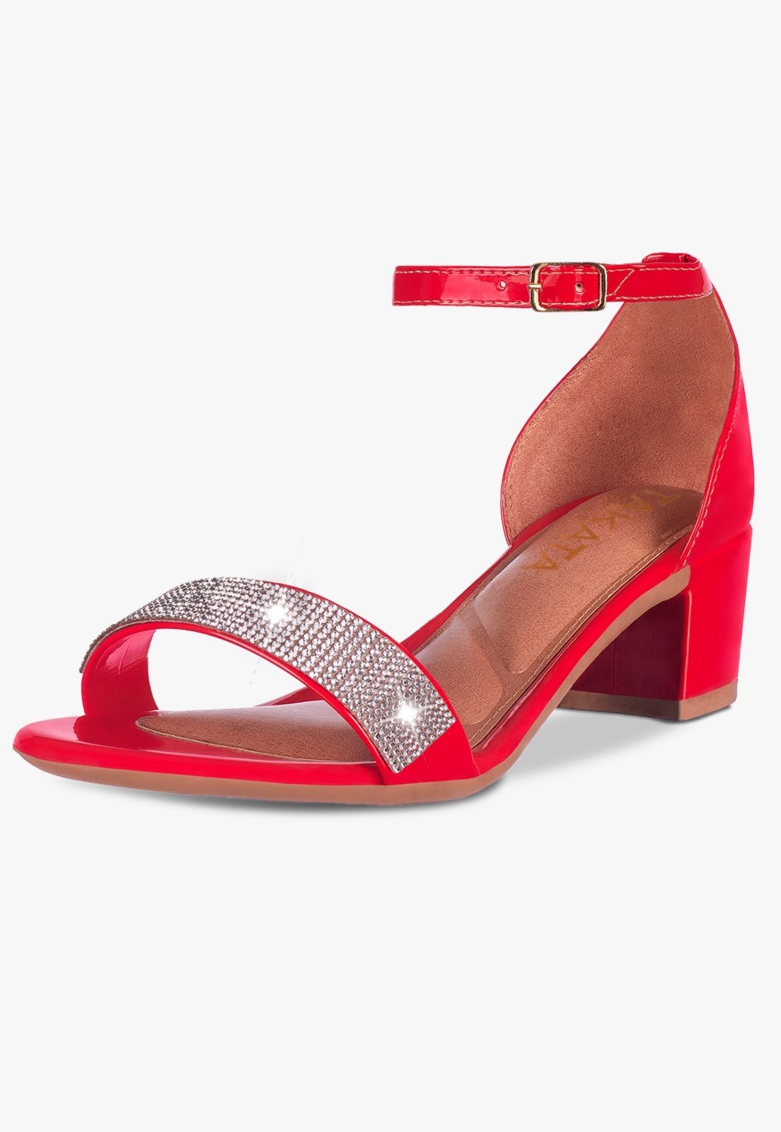 Sandália Feminina Salto Quadrado Grosso Bloco Baixo Verniz Strass brilho Confortável Sapato Festa Vermelho