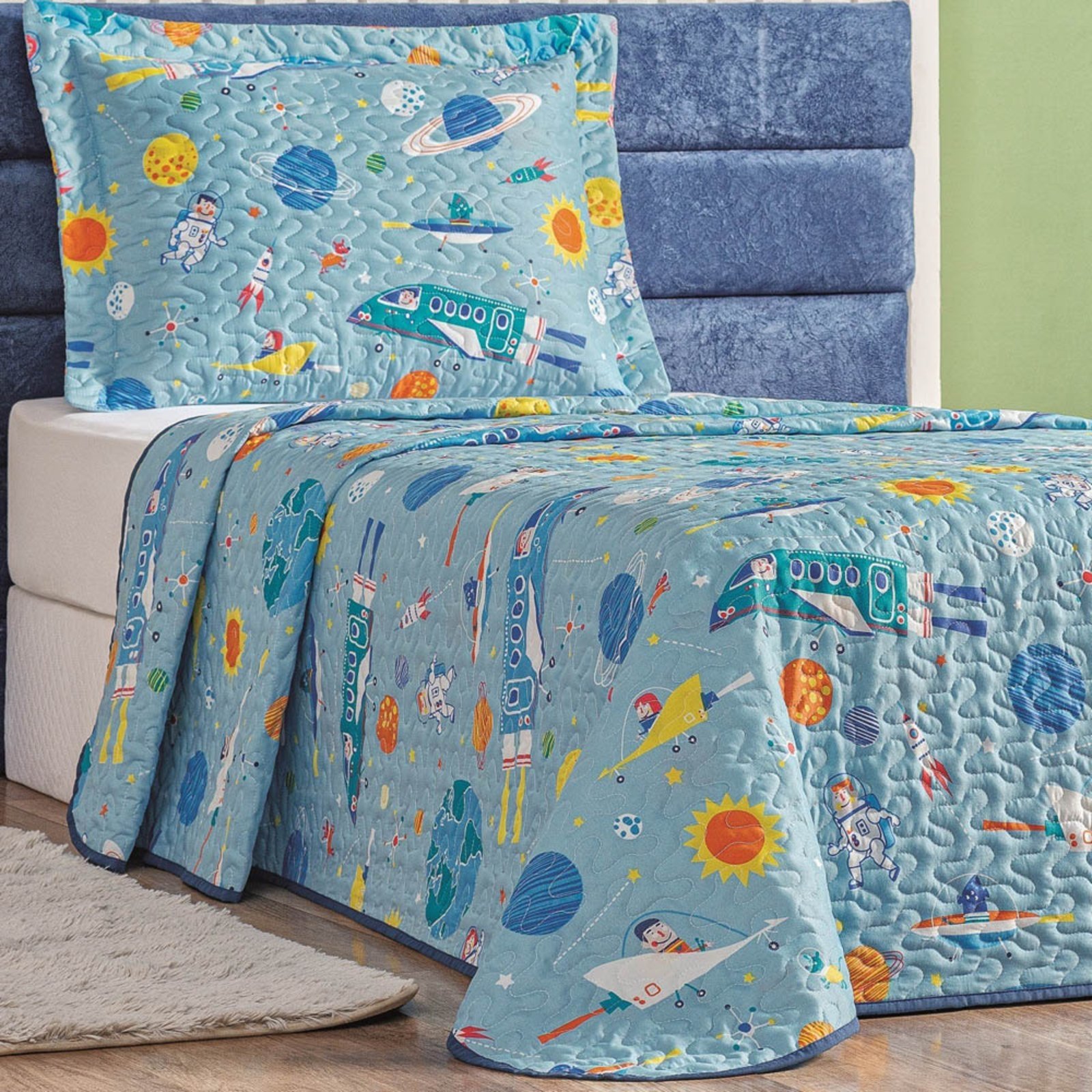 Kit Cobre Leito Colcha Solteiro Casa Scarpa Fantasy Dupla Face Microfibra 2 Peças - Astronauta - Azul
