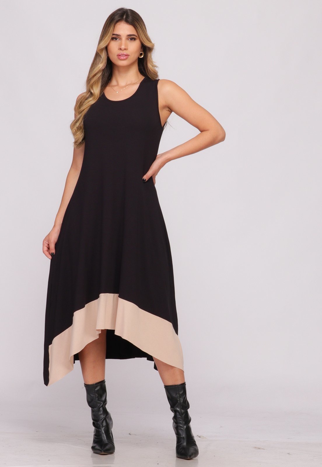Vestido Midi Assimétrico com Pontas B’Bonnie Nani Preto/Bege