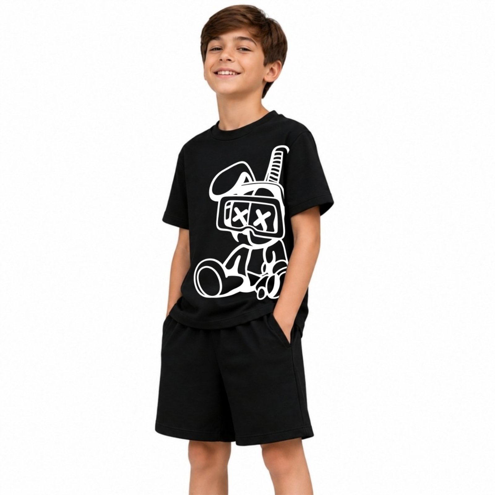 Infantil - Conjunto Camiseta Manga Curta e Bermuda Suedine Estamado Coelho Conforto Diário