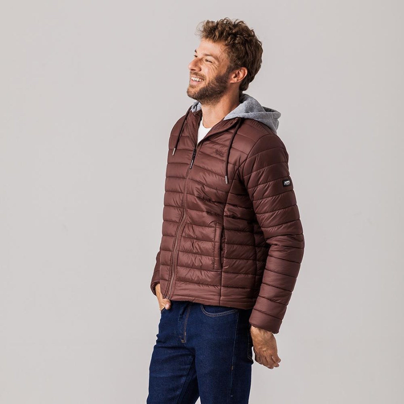 Jaqueta Puffer com capuz de moletom Masculina Rock e Soda Marrom
