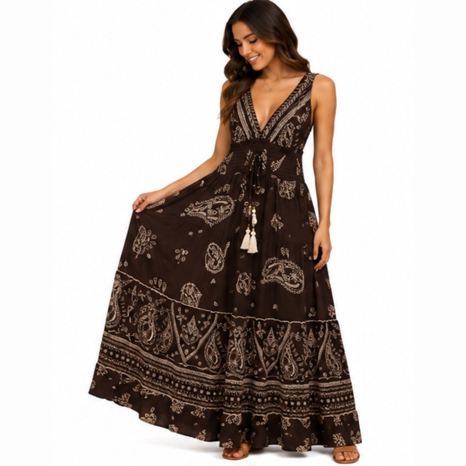 Vestido Longo Feminino Indiano em Viscose Estampado com Lastex Marrom