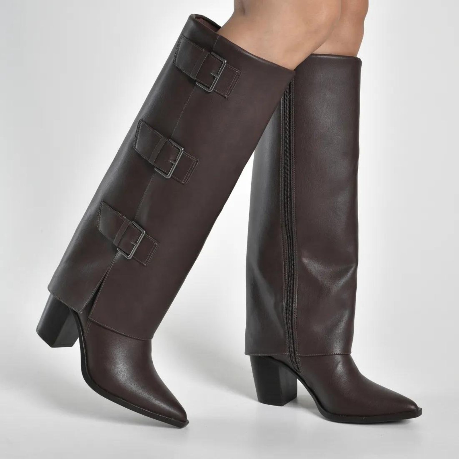 Bota Capa Cano Longo Via Marte Fivela Feminina Café