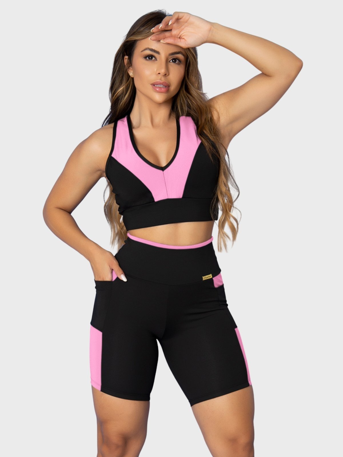 Conjunto Fitness Tarelles Top Short Bolso Preto e Rosa Claro