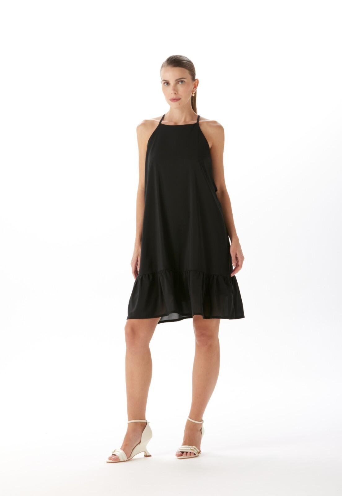 Vestido Curto De Alça Com Babado Traymon – Preto – Gg