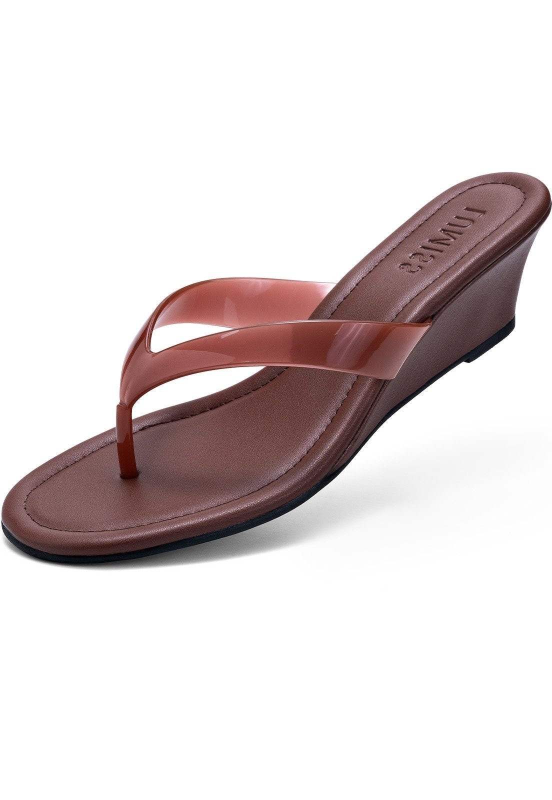 Tamanco de Dedo Feminino Lumiss Anabela Jelly Tira Transparente Salto Baixo Confortável Bico Redondo Marrom