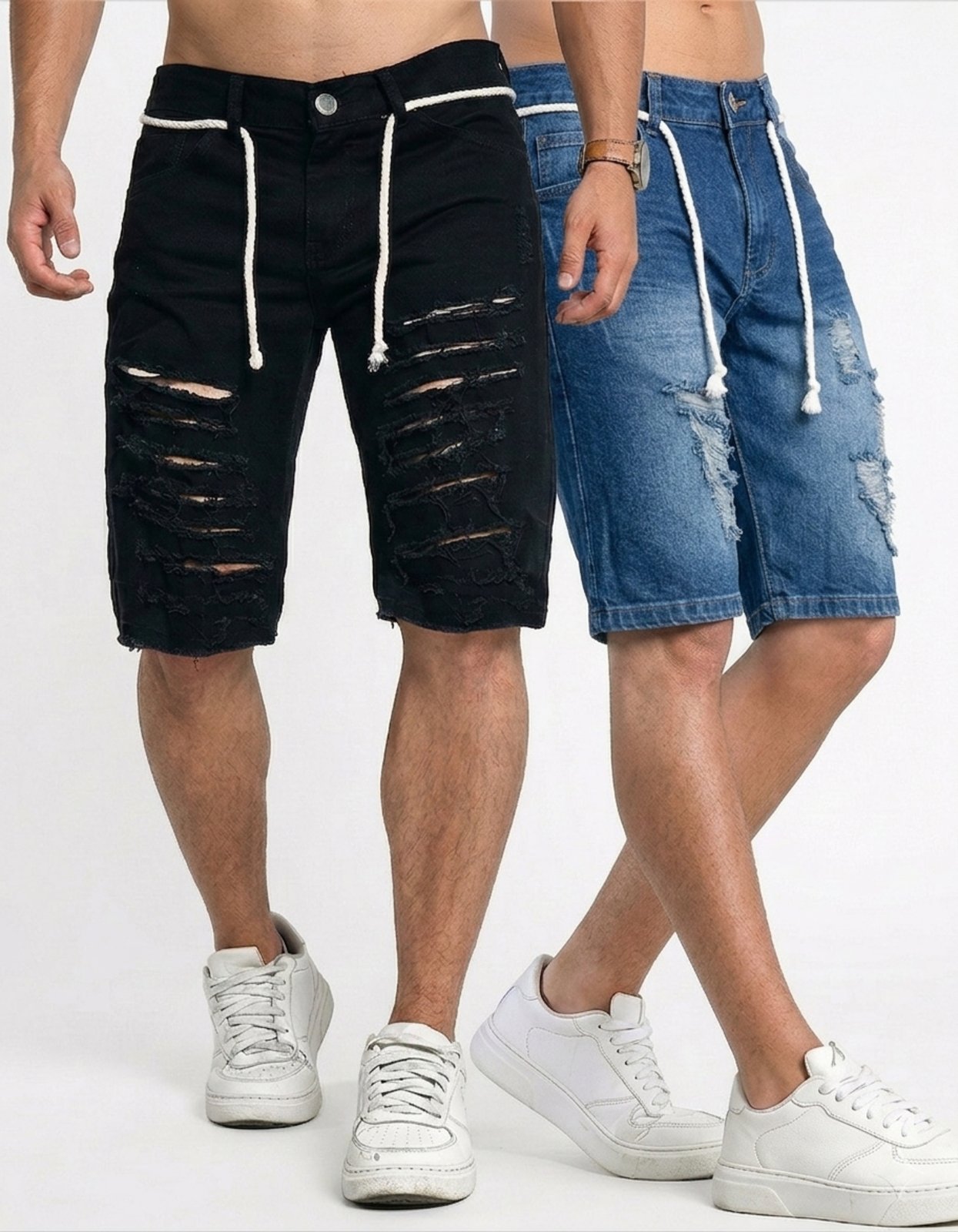 Kit 2 Bermuda Jeans Masculina Rasgada Destroyed Preto e Azul Escuro