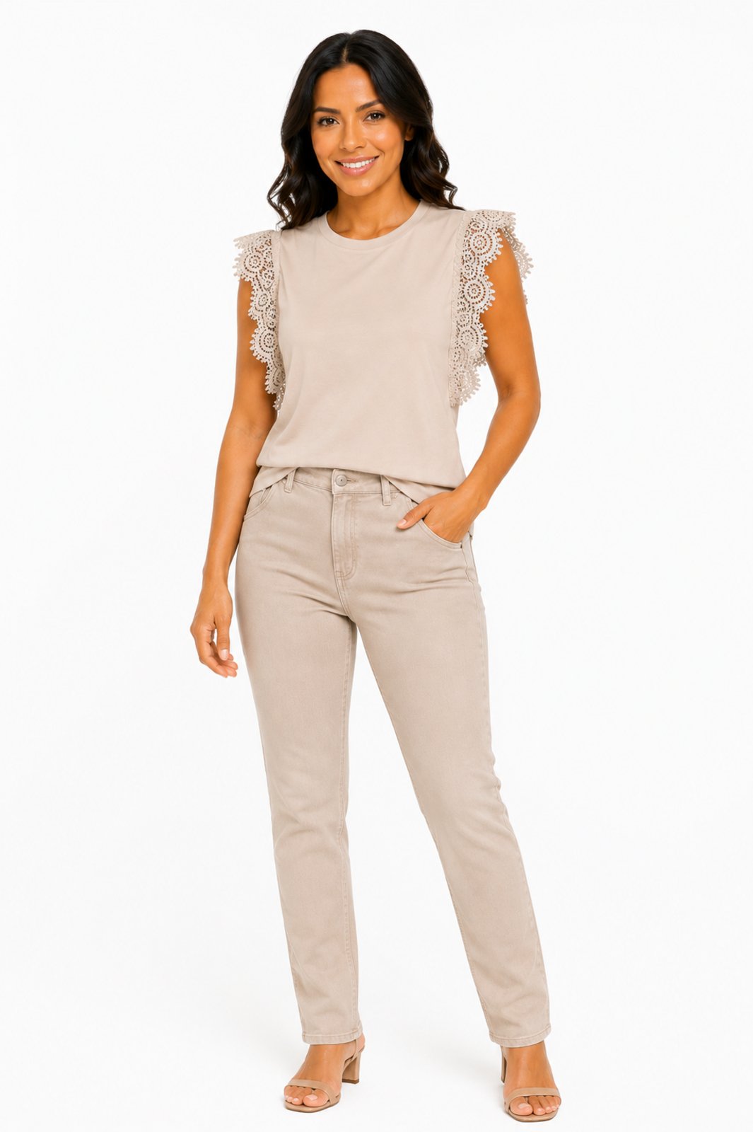 Camisa Feminina D Bell Outlet Fashion Renda Bege