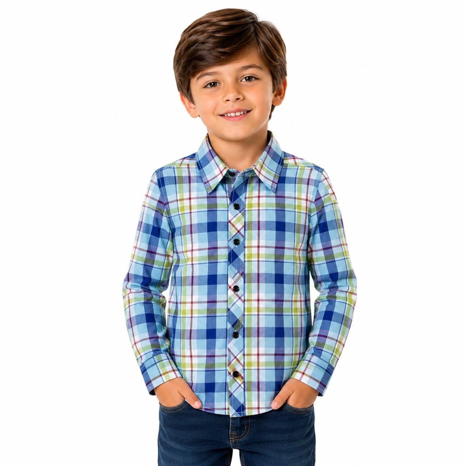 Infantil - Camisa Juvenil Look Jeans Manga Longa Xadrez Azul Turquesa