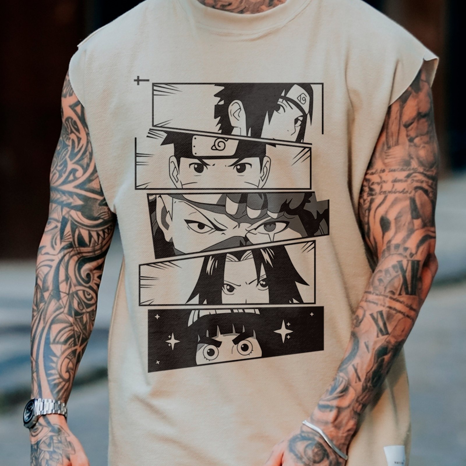 Camiseta Regata Machão Naruto Shippuden Ninjas Aldeia da Folha Masculina Off White