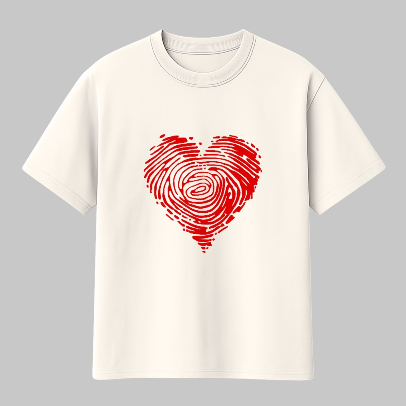 Camiseta Básica Coração Fingerprint Design Moderno Unissex Off White