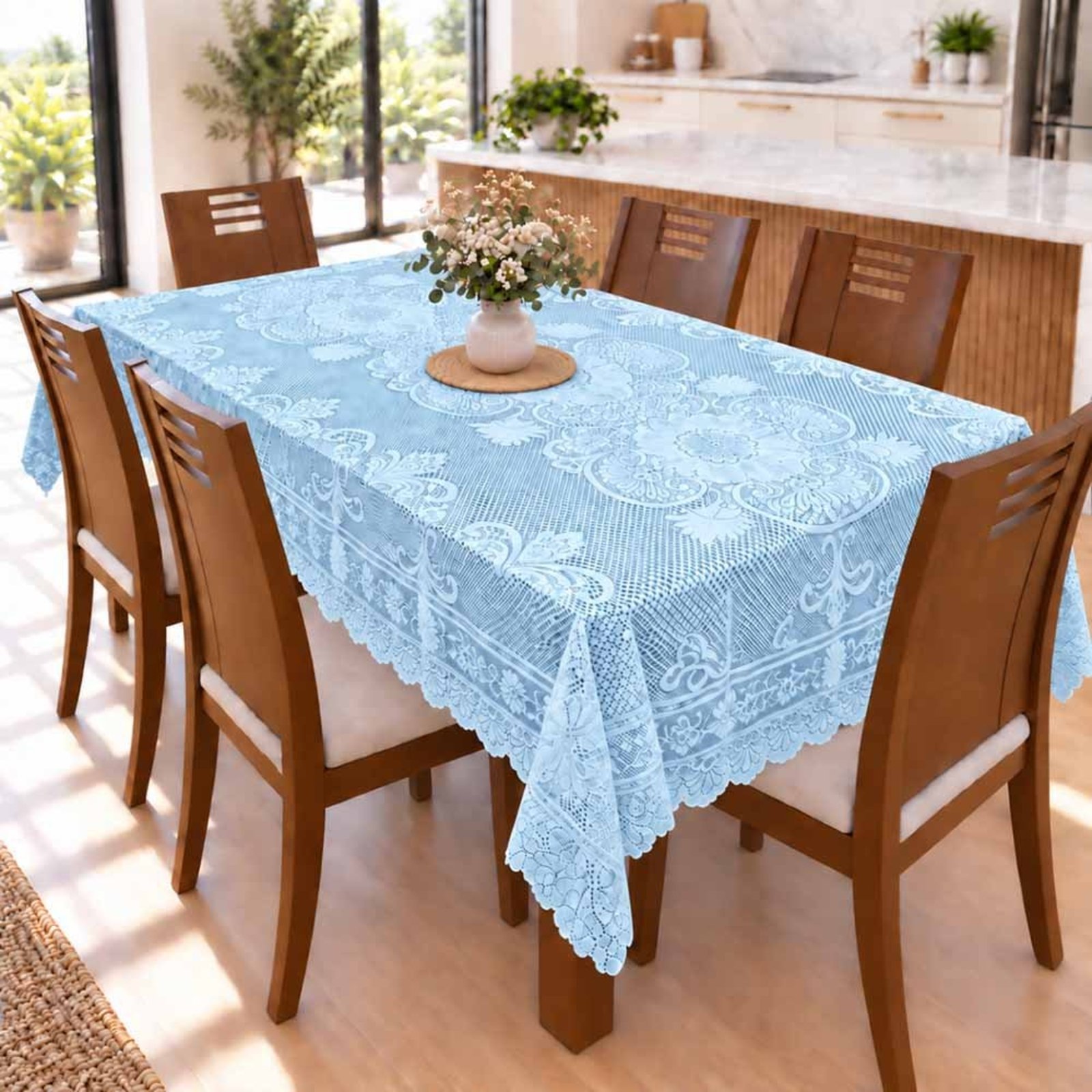 Toalha De Mesa Renda 1,50m x 2,30m Para Mesa 6 Lugares Fácil de Limpar Azul