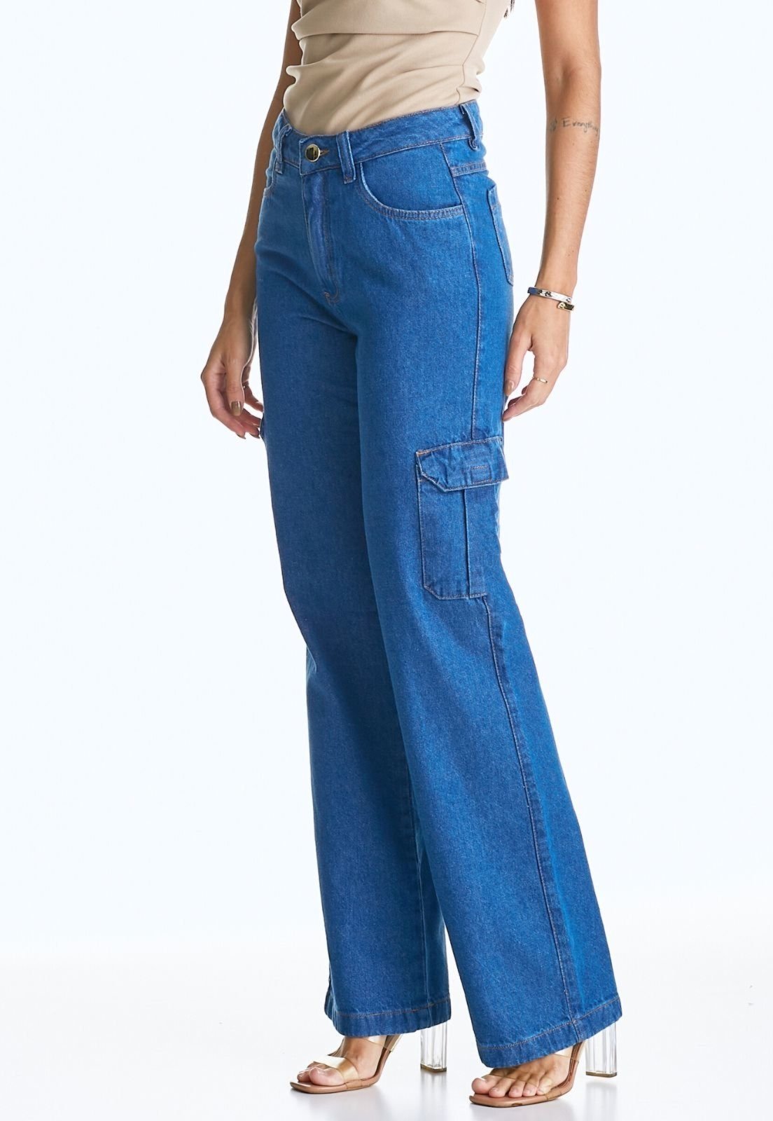 Calça Jeans HNO Jeans Wide Leg Pantalona com Bolso Lateral Azul Intense