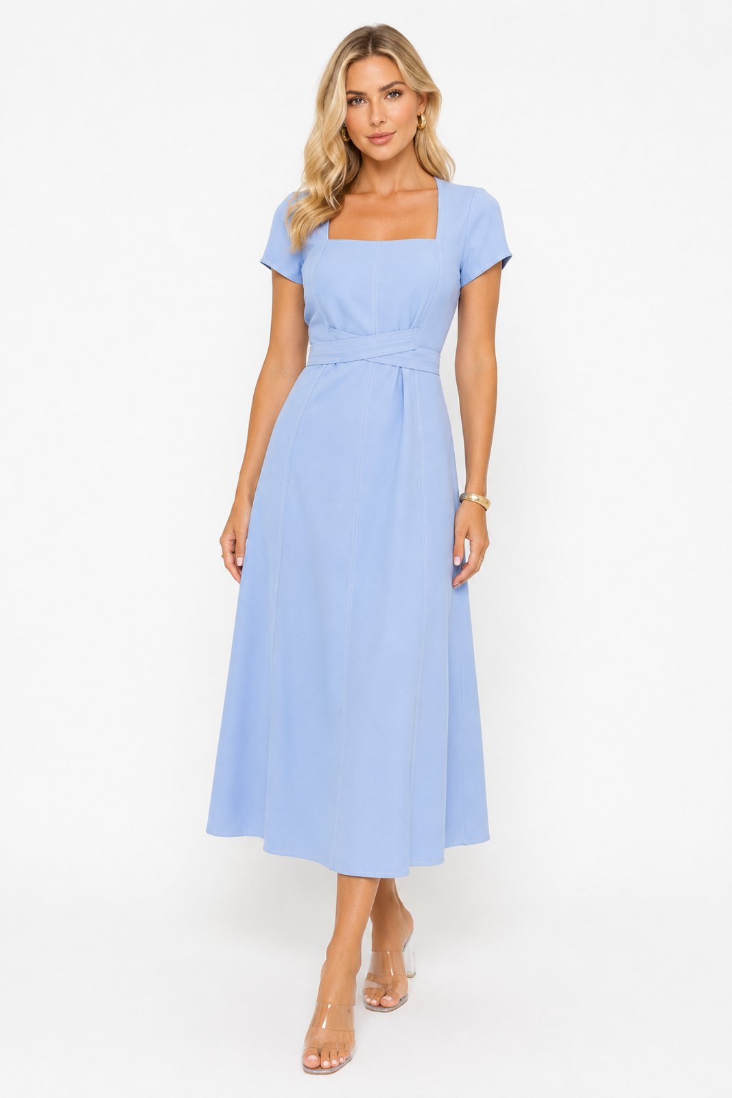 Vestido Midi D Bell Outlet Fashion Linho Decote Quadrado Azul