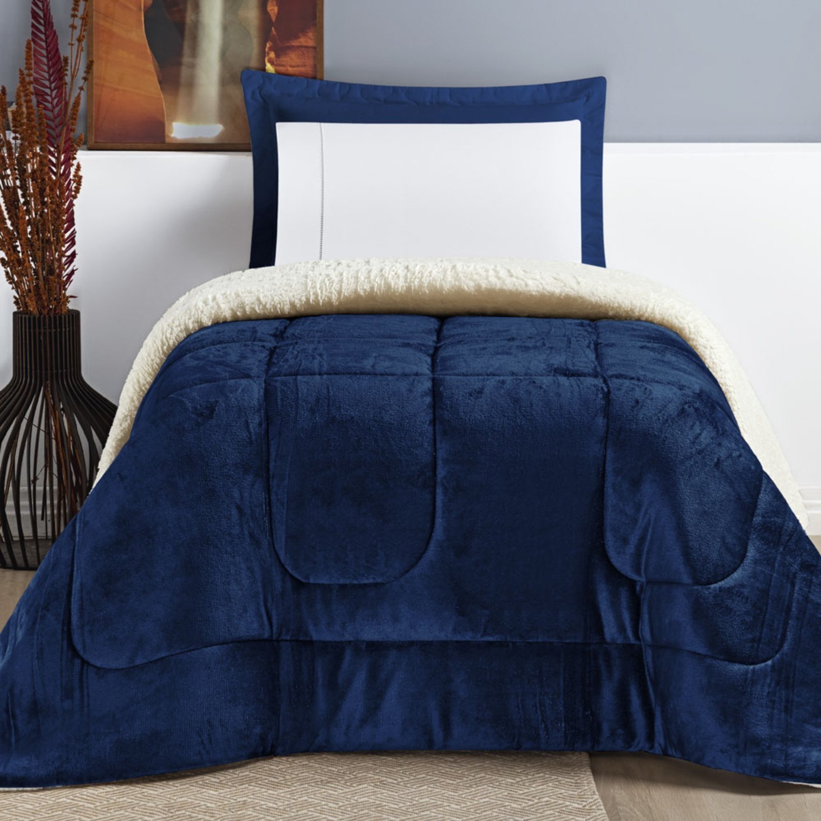 Coberdrom Casa Scarpa Apollo Solteiro Sherpa Manta Flannel Toque Lã de Carneiro - Azul Marinho