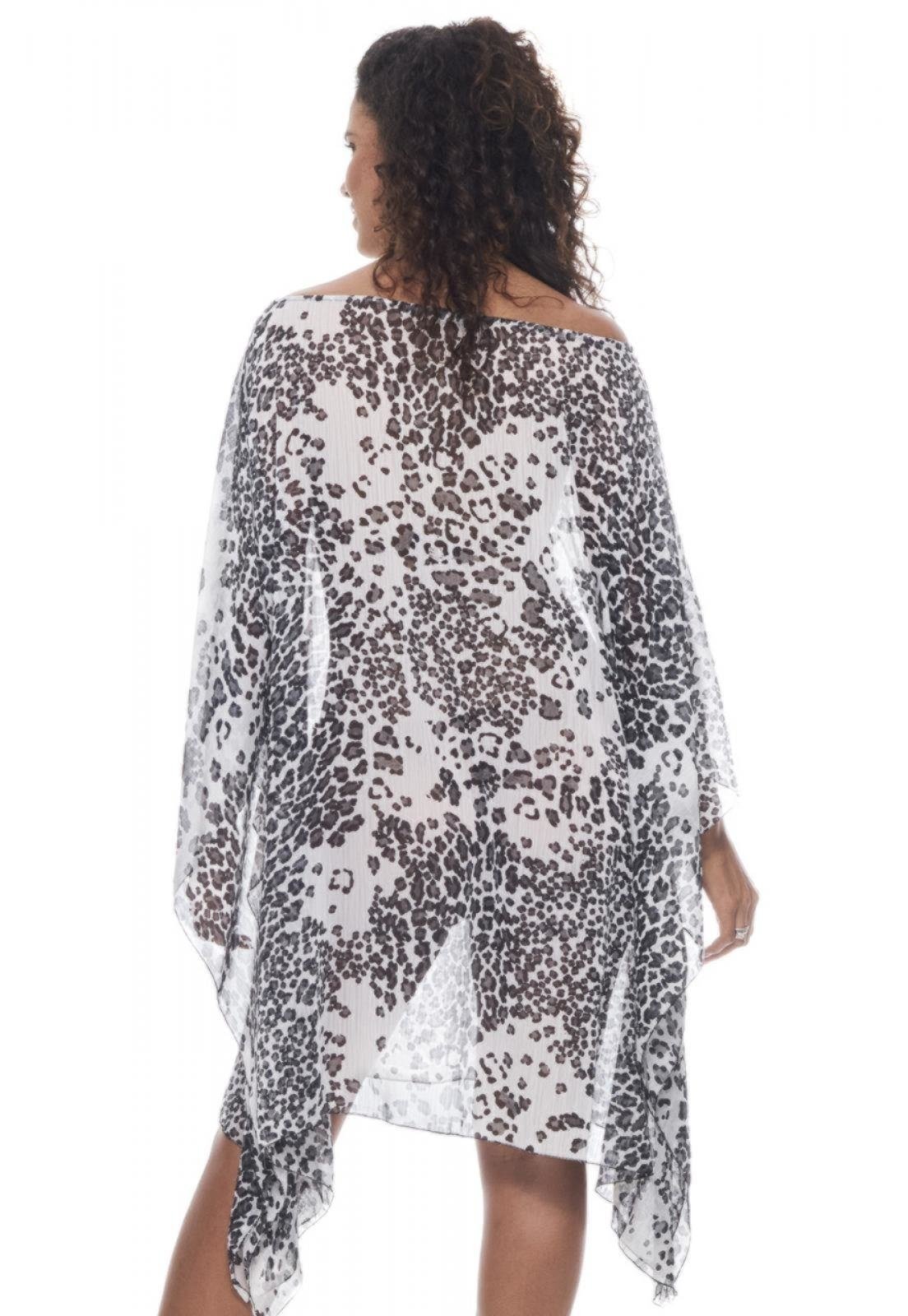 Vista 3 Saída Vestido Kaftan Curto Crepe Estampado Animal Print 101 Resort Wear branco/preto 101 Resort Wear branco/preto